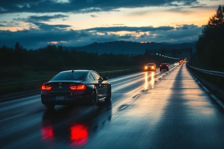 Carro trafegando em rodovia molhada ao anoitecer, com faróis acesos refletidos no asfalto